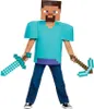 A person wearing a Minecraft Steve costume, holding a sword and a pickaxe. Produktbild-Vorschau