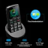 A black senior phone is shown in a charging cradle, with marketing text and icons highlighting its features. Produktbild-Vorschau
