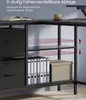 A corner desk with shelves and drawers, featuring adjustable shelf height indicators. Produktbild-Vorschau