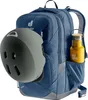A blue Deuter backpack with a gray helmet attached to the front and a yellow water bottle in a side pocket. Náhľad obrázku produktu