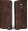 A brown flip cover for a Samsung Galaxy S7 edge phone, shown from two angles. Produktbild-Vorschau