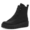 A black lace-up boot with a thick sole is shown against a white background.