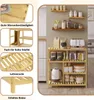 A collage of images showcasing a bamboo shelving unit with various items, including shoes, kitchenware, and decorative objects. The left side features close-ups highlighting the material's water resistance, a high shelf for boots, the slatted shelves, and  Produktbild-Vorschau