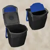 Two black trash cans with blue lids are shown against a light brown background. One trash can is open, showing its interior, while the other is closed. Produktbild-Vorschau