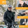 A man wearing a cycling helmet and sunglasses is sitting on a bicycle, wearing a black cycling jacket. The image has callouts highlighting product features. Podgląd zdjęcia produktu