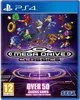 The image is a video game cover for Sega Mega Drive Classics on PS4. It features various characters from Sega games, rings, and gems against a dark, starry background with a circular grid design. Produktbild-Vorschau
