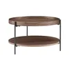 A two-tiered round coffee table with a wood-grain finish and black metal legs, presented against a white background. Produktbild-Vorschau