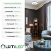 A product image featuring technical specifications on the left and a lifestyle shot of a modern living room on the right, showcasing a ceiling lamp. Produktbild-Vorschau