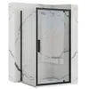 A corner shower enclosure with a black frame and glass door, set against a marble-patterned wall. Podgląd zdjęcia produktu