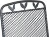 A close-up view of the top portion of a dark gray metal chair back, featuring a decorative pattern of three stylized leaves along the top edge and a mesh grid pattern below. Produktbild-Vorschau