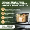 A food container filled with food is placed on a rack, with text overlays describing its features. Náhled obrázku produktu