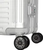 Close-up view of the wheels and side of a silver trolley suitcase. Produktbild-Vorschau