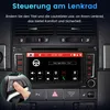 Close-up of a car's dashboard with a multimedia screen displaying a music interface and steering wheel controls shown via a circular overlay, along with German text promoting steering wheel control features. Anteprima dell’immagine prodotto