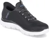 A black Skechers slip-on sneaker with a white sole, shown from a side angle on a white background. Náhled obrázku produktu