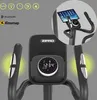 Close-up view of the console and handlebars of an elliptical trainer, with a tablet mounted on the console. Podgląd zdjęcia produktu