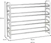 A white, multi-tiered shoe rack with silver shelves, dimensions indicated. Produktbild-Vorschau