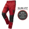 A pair of red and black work pants is shown against a white background, with marketing text on the right. Produktbild-Vorschau