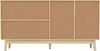 A light wood sideboard with a natural walnut finish and rattan sliding doors, shown against a white background. Anteprima dell’immagine prodotto
