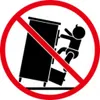 A warning symbol showing a child climbing on a piece of furniture that is tipping over. Produktbild-Vorschau