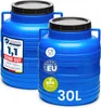 Two blue plastic barrels with black lids are shown against a white background. The barrel in the foreground has several labels and icons on it. Produktbild-Vorschau