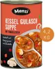 A can of Menzi Kessel Gulasch soup with a spoon scooping some out. Náhľad obrázku produktu