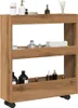 A narrow, three-tier storage cart with an artisan oak finish, filled with various bathroom or cosmetic products. Náhľad obrázku produktu