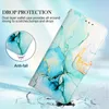 A wallet-style phone case with a marble design is shown at an angle, with text and graphics highlighting its drop protection features. Produktbild-Vorschau
