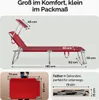 Collage of images showing a red foldable sun lounger with dimensions and a folded view. Produktbild-Vorschau