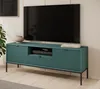 A teal TV stand with black legs, holding a TV and some electronics. Náhled obrázku produktu