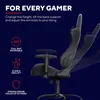 A black gaming chair is shown with text and icons highlighting its features. Voir les images du produit