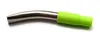 A close-up shot of a curved metal straw with a green silicone tip on a white background. Produktbild-Vorschau