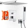 A shower system with a rain showerhead, handheld shower, and control panel, with water flowing from the showerheads. Anteprima dell’immagine prodotto
