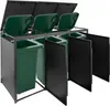 A three-bin outdoor trash can enclosure with black metal framing and green bins, shown with the lids open and front panels ajar. Produktbild-Vorschau
