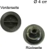 Two views of a black plastic circular part, labeled 'Vorderseite' (front side) and 'Rückseite' (back side), with a diameter measurement of 'Ø 4 cm'. Produktbild-Vorschau
