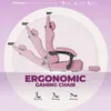 A pink ergonomic gaming chair shown in multiple reclining positions with angle indicators. Podgląd zdjęcia produktu