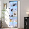 A tall, white cabinet with glass doors and LED lighting, displaying various decorative items and books. Voir les images du produit