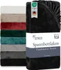 A stack of folded blankets in various colors next to a folded black blanket with product information. Anteprima dell’immagine prodotto