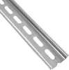 A close-up, angled view of a metal DIN rail with pre-punched slots. Produktbild-Vorschau