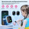 A child is shown wearing a blue smartwatch, with a smartphone displaying a call screen next to it. Icons and text illustrate the smartwatch's calling and messaging features. Produktbild-Vorschau