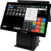 A black touchscreen point-of-sale (POS) system with a stand, displaying a retail interface with product categories, a sales receipt, and a numeric keypad. Anteprima dell’immagine prodotto