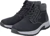 A pair of black men's boots with gray soles and gray fabric accents at the top. Produktbild-Vorschau