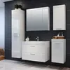 A modern bathroom vanity set with a tall cabinet, a wall-mounted vanity with a sink and faucet, and a medicine cabinet with mirrors. Produktbild-Vorschau