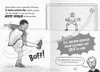 Illustration of a young boy playing soccer and scoring a goal, with text boxes describing his skills and the trainer's reaction. Produktbild-Vorschau