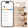 A smartphone screen displaying a weekly program for a smart thermostat, next to lifestyle images of people in domestic settings. Produktbild-Vorschau