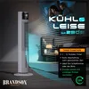 A tower fan is shown in a bedroom setting, with a couple sleeping in the background. The image highlights the fan's quiet operation and cooling features. Produktbild-Vorschau