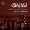 Close-up of a brown fabric with text overlays highlighting product features. Produktbild-Vorschau
