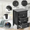 A black nightstand with three drawers is shown with various features highlighted by callouts and text. Podgląd zdjęcia produktu