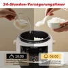 A split image showing a person adding rice to a multicooker on the left, and another person scooping cooked rice from a bowl on the right. The multicooker is in the foreground. Produktbild-Vorschau
