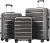 Three gray suitcases of different sizes are arranged diagonally on a white background.