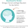 Illustration of a child's head with a brain, accompanied by text explaining the benefits of Omega-3 for brain development. Produktbild-Vorschau